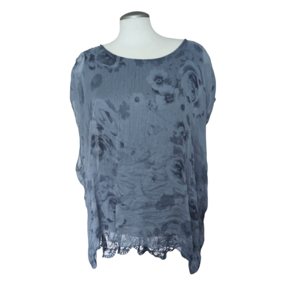 Angela Italian Silk Blue Floral Blouse Layered Lace Bottom Size M